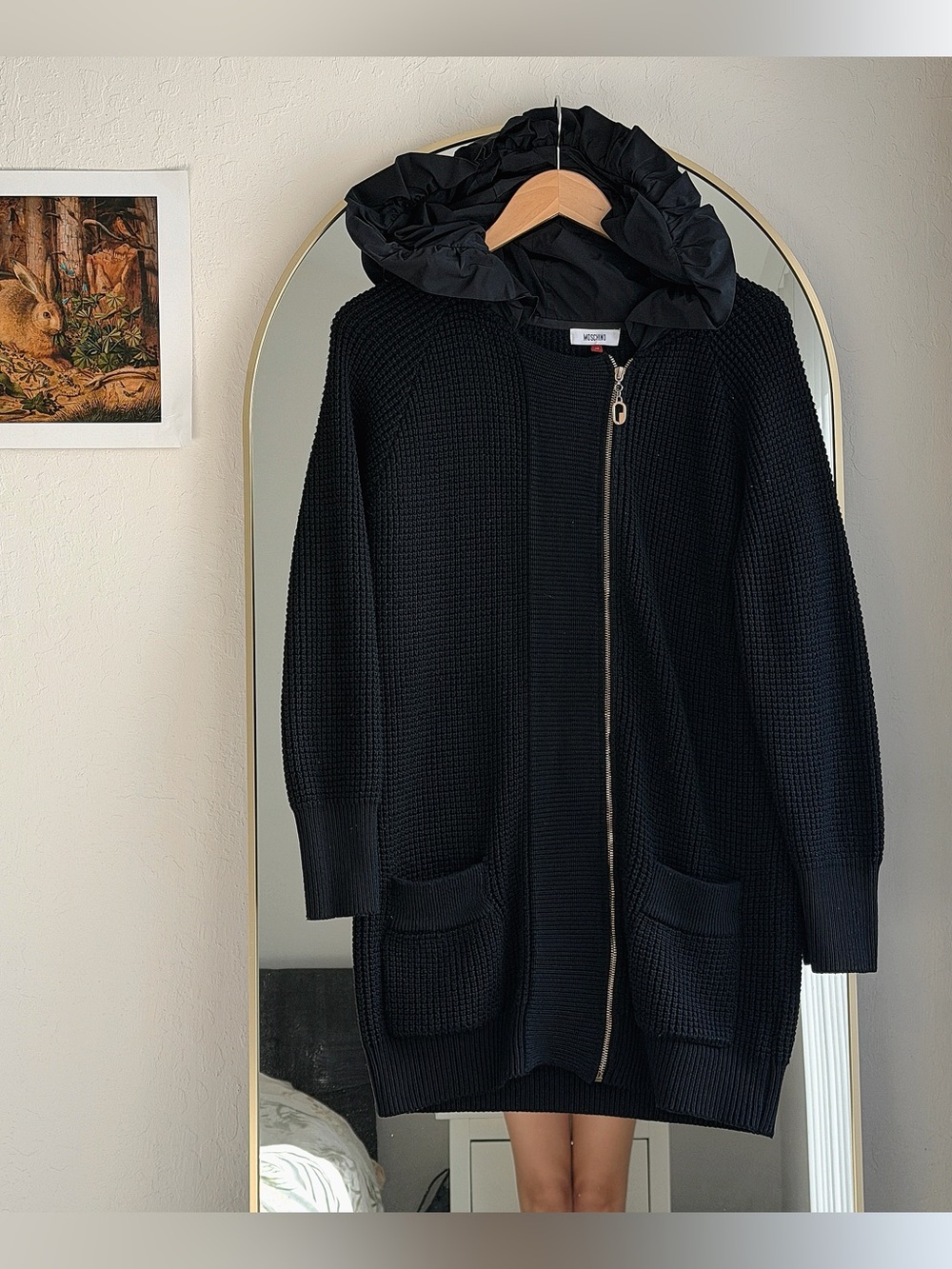 Moschino Black Hooded Zip Knit Coatigan